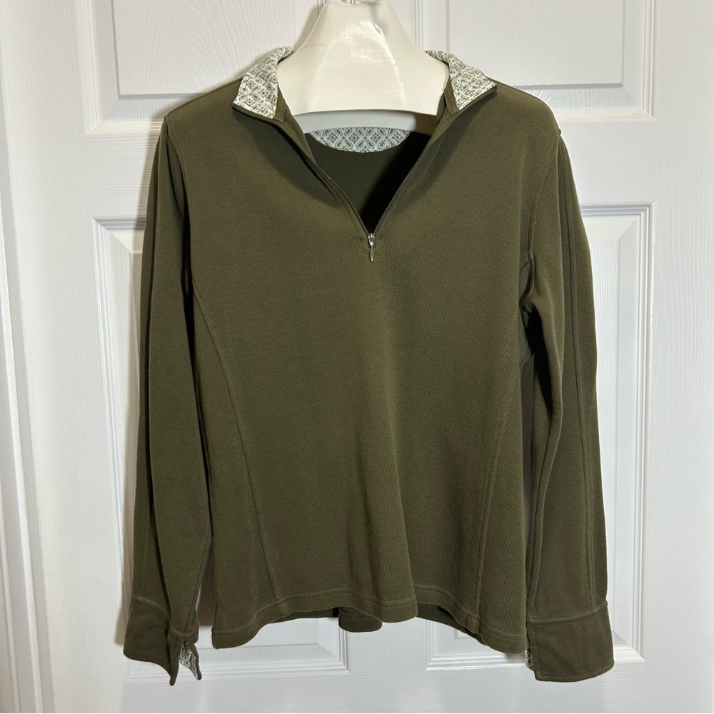 Orvis Olive Green Quarter Zip Sweatshirt with Patterned Collar